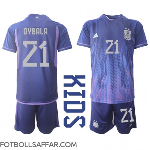 Argentina Paulo Dybala #21 Bortadräkt Barn VM 2022 Kortärmad (+ Korta byxor)